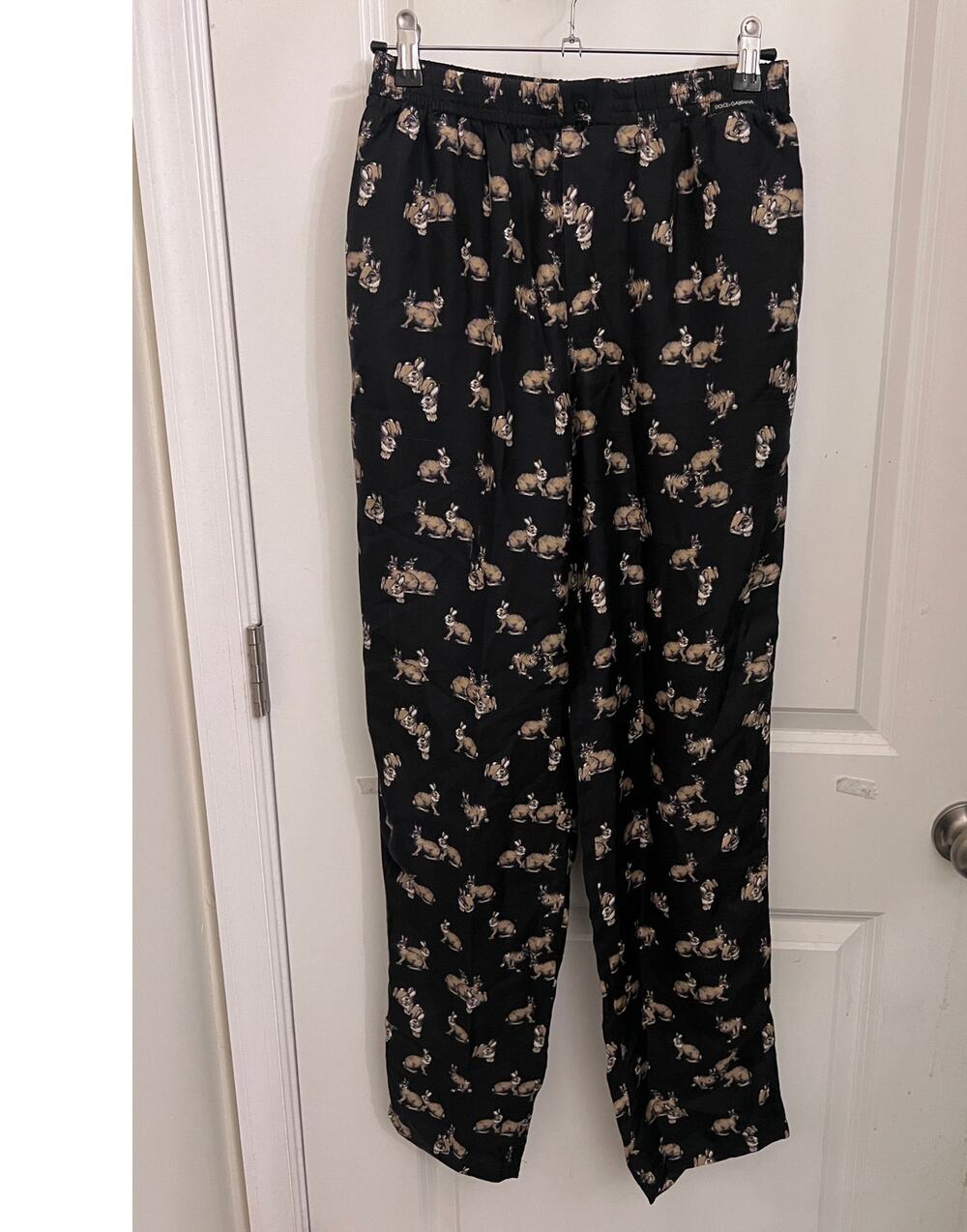 Dolce & Gabbana Men's Black Silk Pajama Pants XS Rabbit Print Lounge Italy Cozy
